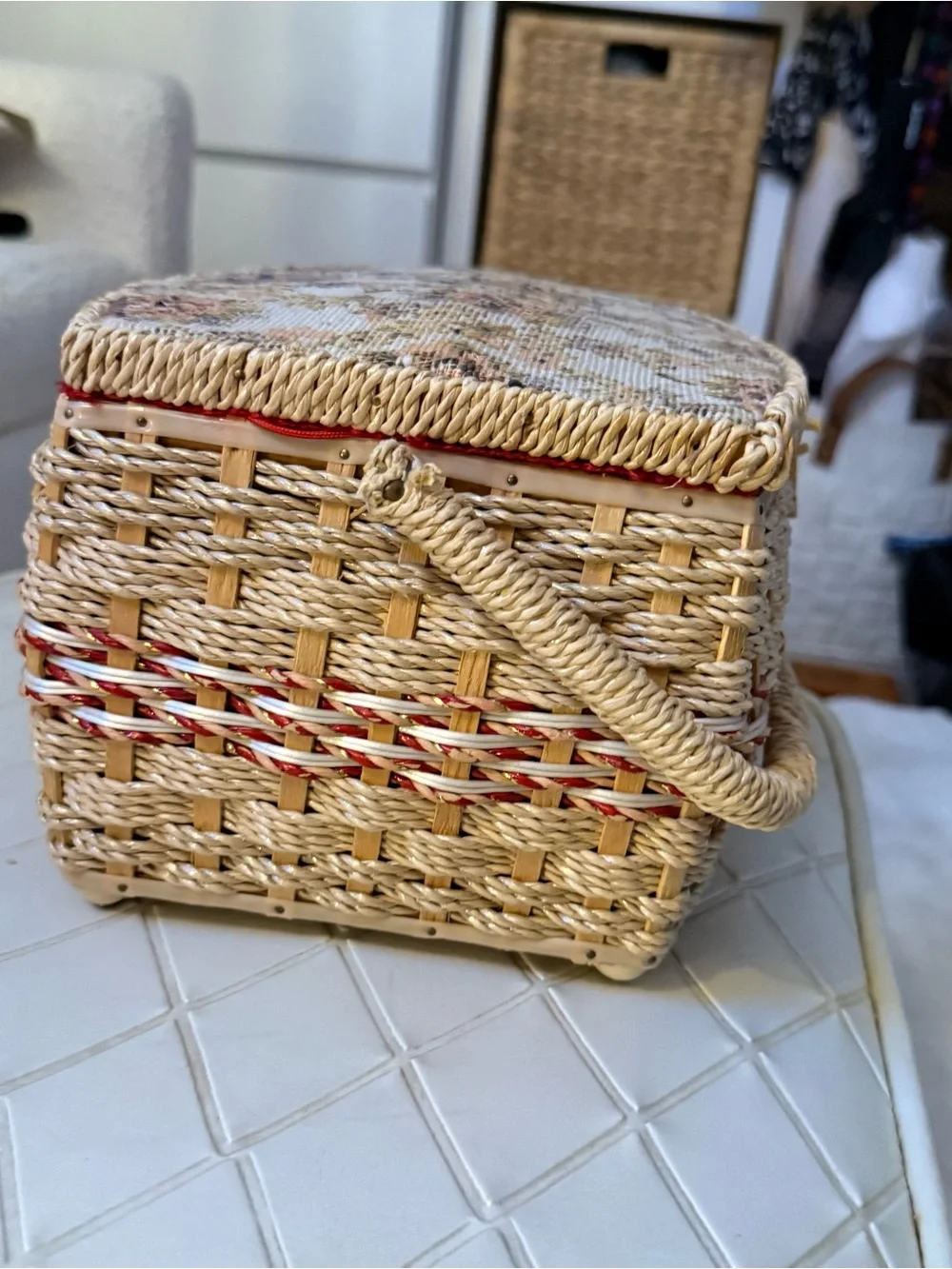 Vintage Penney's Fashion Wicker Sewing Basket with Floral Lid Cottagecore